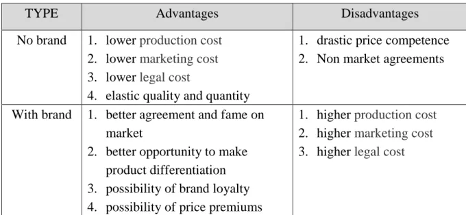 Table 1-1: Advantages and disadvantages on branding 