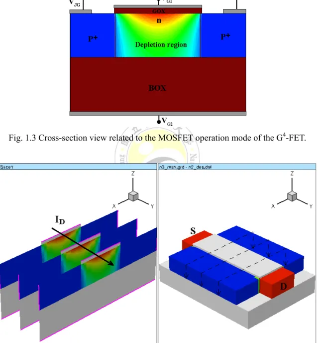 Fig. 1.3 Cross-section view related to the MOSFET operation mode of the G 4 -FET. 