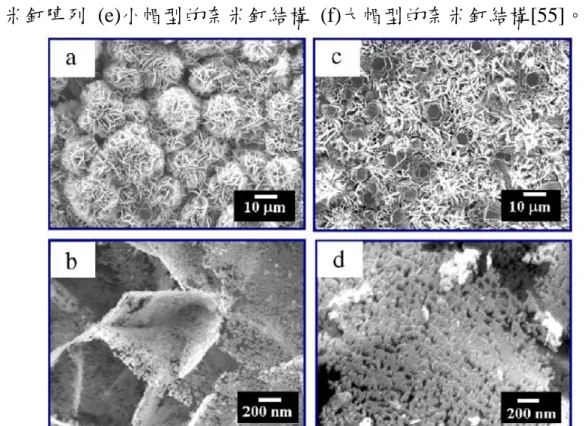 圖 2- 17 Wang 等人以低溫水熱製程合成 CZO 之新穎結構  (a)奈米花狀結 構  (b)奈米牆與微米柱之複合薄膜  (c)奈米薄片結構  (d)奈米薄片結構之 大倍率影像[58]。 
