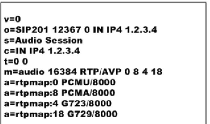圖 6  SDP 格式訊息  根據所定義，如表  4顯示其參數所代表意義，其中SDP至少攜帶以下資訊：  (1) Session 的名稱。  (2) 相關連線訊息的資訊：比如在哪個 IP 位址、Port 監聽接收封包。  (3) 多媒體的型態，為 Audio 或 Video，甚至二者包括。    (4) 傳輸協定，如使用 RTP、UDP 等。  (5) 多媒體 Codec 編碼格式，如 GSM、ulaw、alaw、h.263 等。  表 4  SDP 參數描述  參數  意義  說明 