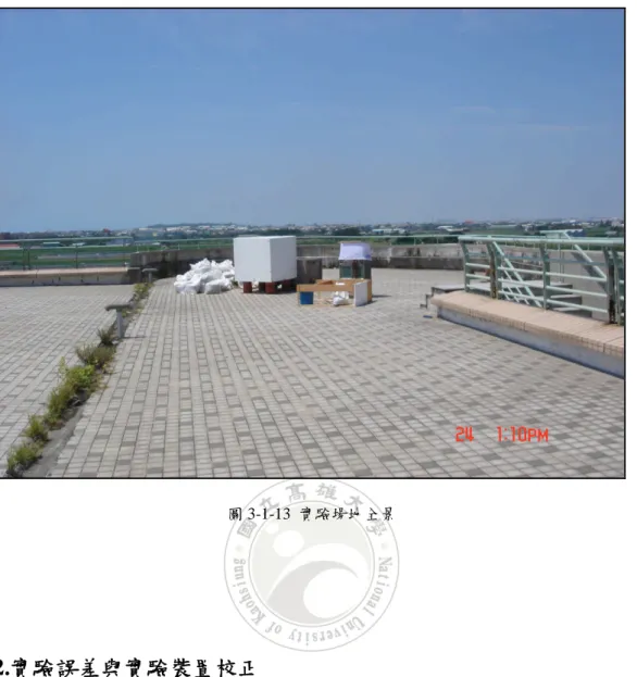 圖 3-1-13 實驗場地全景 3.2.實驗誤差與實驗裝置校正 無論是何種實驗的量測方法，一定會有誤差存在於其中。為確保並提高實驗 結果之信賴度，必需盡可能的消除各種潛存的實驗誤差來源。造成實驗誤差的來 源可分類成實驗儀器誤差與量測作業誤差二種。在實驗儀器誤差方面，通常是指 來自實驗系統的誤差，在實驗設計階段應盡可能的將這種系統誤差消除或降至最 低限度。在量測作業誤差方面，通常是來自量測設備的裝置環境或數據讀取的方 法。因而可能會在相同的不同測點發生不同的量測數據差異。總之，必須在實驗 前盡可能找出誤差可能