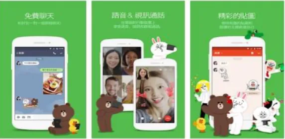 圖 2-5LINE 擷取畫面示意圖  2. We Chat(微信)是騰訊於 2011 年 1 月 21 日推出的一款支援 Android 以及 iOS 作業系統的即時通訊軟體，其面對智慧型手機使用者。 使用者可以透過用戶端與好友分享文字、圖片以及貼圖，並支援分 組聊天和語音、視訊對講功能、廣播（一對多）訊息、相片/視訊 共享、位置共享、訊息交流聯繫、微信支付、理財通、遊戲等服務， 如圖 2-6。  圖 2-6WeChat 擷取畫面示意圖 