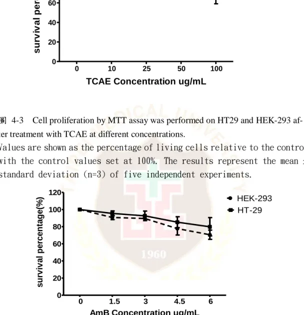 圖 4-4    Cell proliferation by MTT assay was performed on HT29 and HEK-293 after  treatment with Amphotericin B at different concentrations