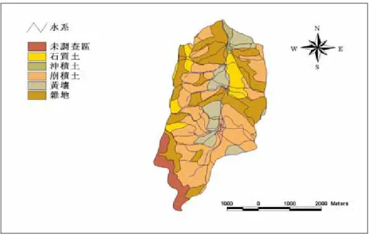 圖 6  北坑溪土壤特性分布  2-3-3 河道穩定安全性  工程構造物施設於河道中主要目的在控制流心，並且保護岸坡與溪床避免無限制橫向 沖蝕與縱向沖刷。另一方面，河道設置縱橫向之人工構造物亦可透過水流與泥砂的作用， 創造不同的棲地環境，如深潭、淺賴等。設置生態工法後，該構造物必須肩負水流與河道 安全之責任，亦即，除了創造不同類型之流況以利生物生存外，河道本身的穩定，亦是生 物長久生存的必要條件。  本研究根據北坑溪植被特性，配合幾何變化，利用 WinGrid 集水區資訊系統，分析此 五區之特性與水流狀況，