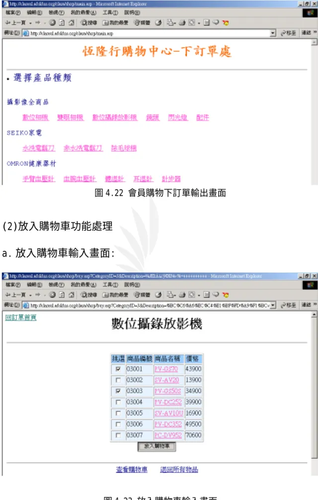 圖 4.22 會員購物下訂單輸出畫面 