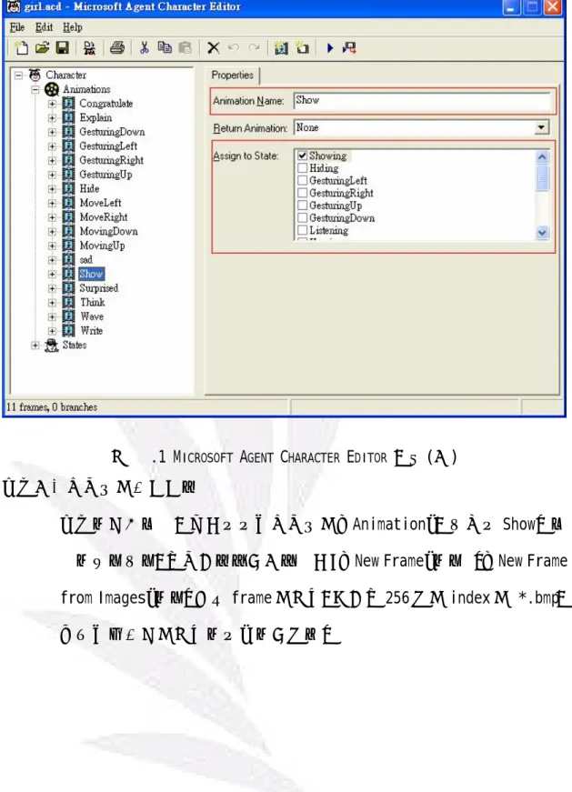 圖 五.1 M ICROSOFT  A GENT  C HARACTER  E DITOR  視窗(二)  步驟二：建立新的動畫畫格 