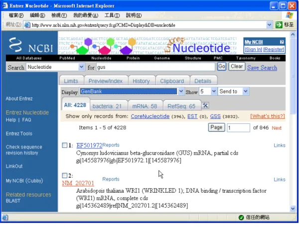 圖 3 NCBI 全文檢索 gus(β-glucuronidase)基因 說明:使用一般全文檢索，查詢 GUS 可得到 4228 條序列