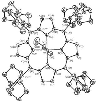 Fig. 1 Perspective view of [Mn(P*)(MeOH)(OH)]. Selected bond lengths (Å) and angles (°): Mn–N(1) 2.004(7), Mn–N(2) 1.992(6), Mn–N(3) 2.019(7), Mn–N(4) 1.995(7), Mn–O(1) 2.268(7), Mn–O(2) 2.251(7);