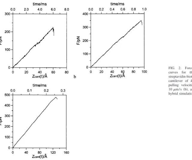FIG. 2. Force-distance 共or time兲 curves for the unbinding of a streptavidin-biotin complex with a cantilever of k z = 0.039 N / m at the pulling velocities of 1.0 ␮ m / s 共a兲, 10 ␮ m / s 共b兲, and 50 ␮ m / s 共c兲 from hybrid simulations.