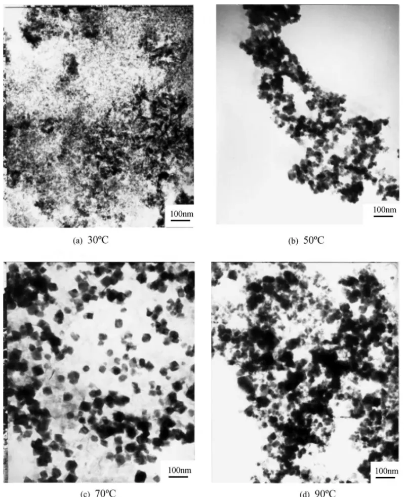 Fig. 2. Transmission electron micrographs of Ni 0.39 Cu 0.11 Zn 0.5 Fe 2 O 4 particles precipitated at: (a) 30 ◦ C, (b) 50 ◦ C, (c) 70 ◦ C, and (d) 90 ◦ C