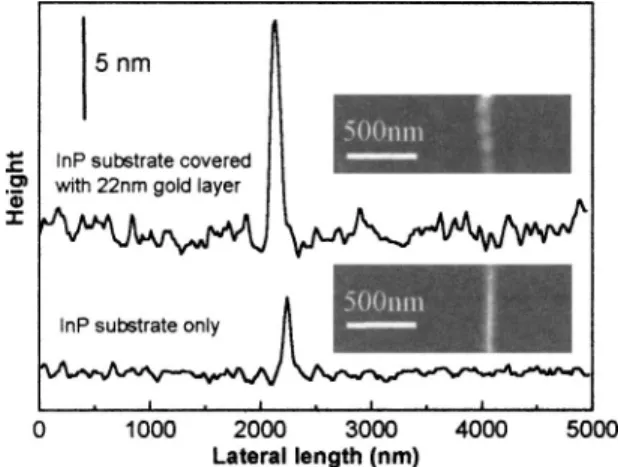 FIG. 4. AFM oxide heights of local oxidation on 共a兲 InP and 共b兲 InP with a 22-nm gold coating; insets show the corresponding AFM images.