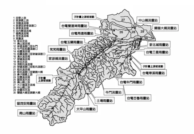 圖 1  蘭陽溪流域圖  即時降雨–逕流預報 模式之研發與應用 子計畫一：王如意教授 即時河川水位預報模式之研發與應用 子計畫二：游保杉教授 參數即時校正河川洪水 演算模式之研發與應用 子計畫三：許銘熙教授 即時洪水預報展示系統之建立與應用 子計畫四：陳增壽教授 輸出結果 提供政府機關、災區居民洪災訊息及應變措施水文研析水理研析系統展示即時洪水預報模式之研發與應用總計畫：王如意教授颱風降雨預報之研究(氣象組整合型計畫)即時降雨–逕流預報模式之研發與應用子計畫一：王如意教授 即時河川水位預報模式之研發與應用 
