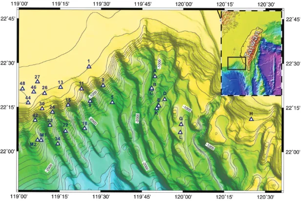 Fig. 1. Bathymetric map and sampling sites of cruise OR1-765 in this study. The inset shows the study area in southwestern Taiwan.