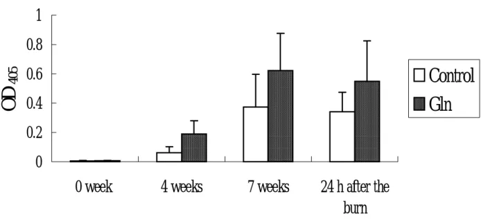 Fig. 1. Production of PEIF-specific antibodies in the control and Gln groups.    Mice  were immunized twice with recombinant PEIF protein on days 1 and 28, and sera  antibody titers were measured by ELISA at weeks 0, 4, 7, and 24h after the burn