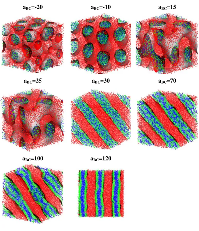 Fig. 7.    Morphology variation of A 2 -star-(B-alt-C) copolymers with a BC  when f A  = 0.54, N = 13,  and a AB  = a AC  = 100