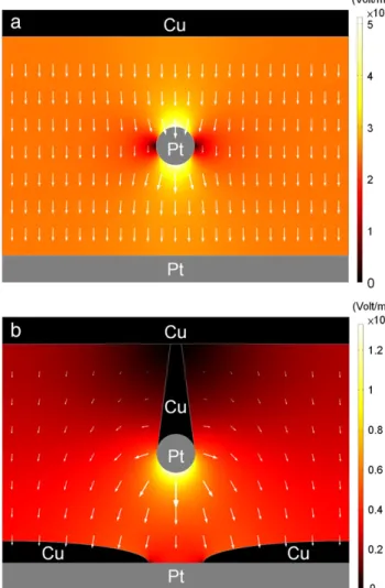 Fig. 5. (a) Simulation result of the electric ﬁeld of the Cu/Pt-NP-embedded SiO 2 /Pt structure in the IRS