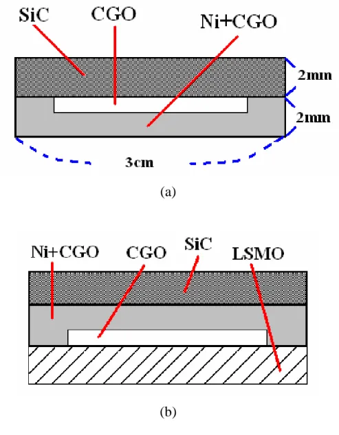 圖 4.1 (a) CGO 與 Ni+CGO 在 1170 o C 溫度下進行第一次熱壓，(b) 第 一次熱壓後的塊材與 LSMO 在 1100 o C 溫度下熱壓。