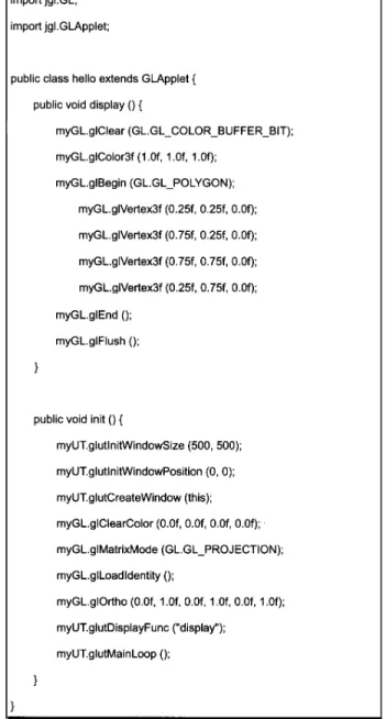 Figure 4 shows the source code of a Java applet, a simple jGL program using GLUT to show a white  rectan-gle, which is similar to a simple example provided in the OpenGL Programming Guide (code from Example 1-2, pp.