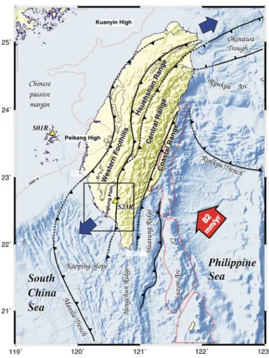 Fig. 1 Geotectonic framework and major structural units of Taiwan between the Eurasian and Philippine Sea plate