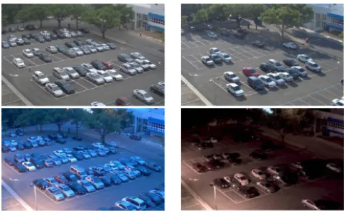 Fig. 1. Challenges for robust vacant parking space detection, including perspective distortion, inter-object occlusion, shadow effect, variations of lighting condition, and insufficient illumination at night.