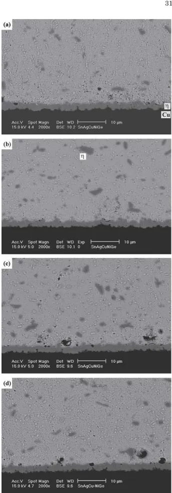 Fig. 6. Morphology of intermetallic compounds formed at the inter- inter-faces of the Sn3Ag0.5Cu solder BGA packages with an immersion Ag surface finish after aging at 150°C for various times: (a) 100, (b) 300, (c) 700, and (d) 1000 hr.