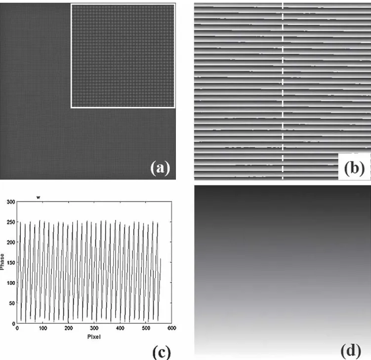 Fig. 2. (a) Deformed grating recorded by the CCD. (b) Warped phase map. (c) Proﬁle of the dashed line in (b)