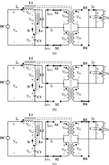 Fig. 7. Principle of operation circuits: (a) Mode 1, (b) Mode 2, and (c) Mode 3.