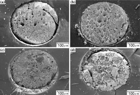 Fig. 10 Fractography of the aged Sn-20In-2.8Ag solder joints in BGA packages with immersion Ag surface ﬁnish after ball shear tests: