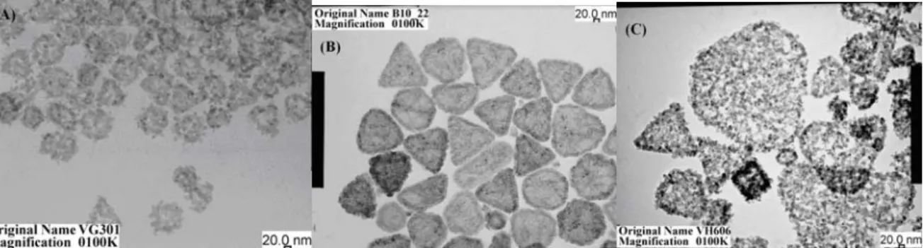 Fig 1. The Pictures of transmission electron microscope of the prepared Ag/Pd triangular  nanoshells of different sizes