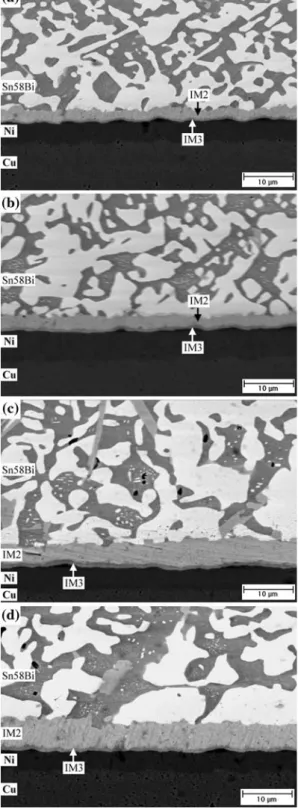 Fig. 7 Microstructure of the Sn-58Bi solder joints after aging at 100 C for various times: (a) 100 h, (b) 300 h, (c) 500 h, and (d) 700 h