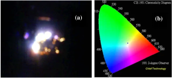 FIG. 6. (a) The performance image and (b) the CIE coordinate of white-light FED. The emission area of FED was 2×2 cm 2 .