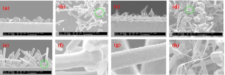 Figure 2. SEM images of the ZnO nanorods synthesized at various weight ratios of ZnO/C; (a) 3/7, (b) 1/1, and (c) 7/3
