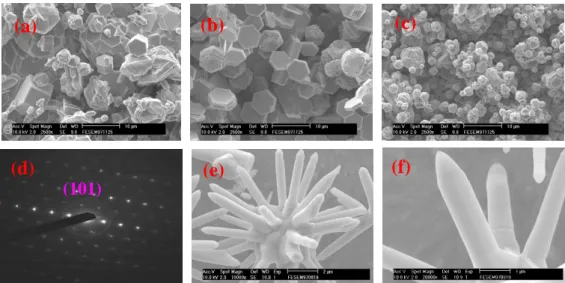 Figure 4. SEM images of the ZnO:In nanostructure synthesized at various In 2 O 3 doping concentrations; (a) 1, (b) 5, and (c) 9 wt%