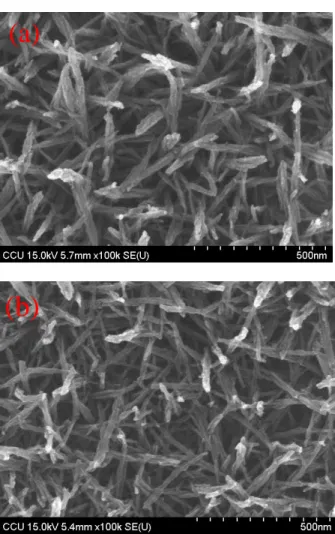 Fig. 3 Surface morphology of the deposited manganese oxide electrode at fully intercalated state (a) and fully deintercalate d state (b).