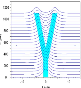 Fig. 11. The typical evolution of a wave propagating along a two-branch optical  waveguide structure with all nonlinear layers at the low input power density