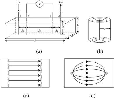 Figure 1    (a) embedded four-terminal probe method, (b) the induced electric field at electrode 1 and 4, (c)  current paths side view, (d) current paths top view 