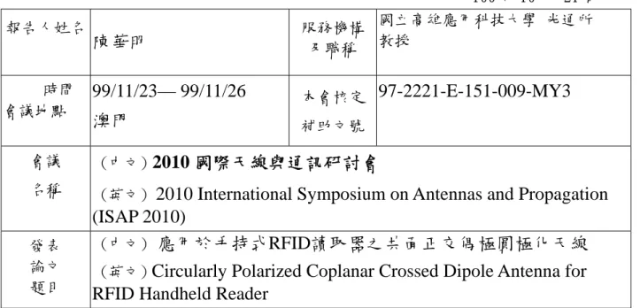 表 Y04  行政院國家科學委員會補助國內專家學者出席國際學術會議報告                                                            100 年 10 月 21 日 報告人姓名 陳華明 服務機構及職稱 國立高雄應用科技大學 光通所 教授       時間 會議地點       99/11/23— 99/11/26 澳門本會核定補助文號97-2221-E-151-009-MY3 會議 名稱  (中文) 2010 國際天線與通訊研討會