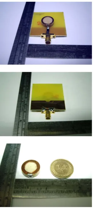 圖 2.5  陶瓷雙環形超寬頻天線實體圖  五、結果與討論  依照 2.3 節所示天線結構來設計的雙環形 超寬頻天線，其實驗與模擬的結果如圖 2.6 與表 2.2 所示，用電壓駐波比(VSWR)圖來 表示，並以 VSWR = 2：1 的規格來看，實 驗值的頻寬可從 3760 ~ 10978 MHz，頻寬比 可達 98%，而模擬值可從 3512 ~ 10669  MHz，頻寬比為 100.9%。實驗與模擬整體 趨勢觀察，實驗值與模擬值差異不大，但還 是有些許誤差存在，其來自於金屬導體與陶 瓷介質之間的空氣隙(