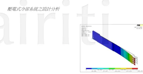 圖 11 :   壓電風扇+6 mm Trapezoid 第一個共振頻率( 45.206 Hz)  圖 12 :   壓電風扇+9 mm Trapezoid 第一個共振頻率(41.378 Hz)  3.4  簡諧分析  經由模態分析得出壓電風扇共振頻率後，進行簡諧分析求出施加電壓所產生共振位移量，當壓電風扇 輸入 115 伏特電壓時，設定簡諧分析範圍為 0~600 Hz，STEP 設定為 300，即將簡諧分析範圍分成 300 等分， 其動態響應如圖 13。由圖可發現當頻率在 60 Hz，會產生最大的振幅響應