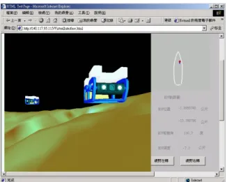 圖 12    虛擬環境操控訓練介面  圖 13    利用 Java 發展之遠端操控介面  2.  提供操作地點之地形資料庫。  3.  紀錄 ROV 各項操作資訊，紀錄檔案包括工作船之 GPS 位置、船艏方位、ROV 位置之二度分帶座標和 ROV 方位等各項資訊以及操作者登錄名稱等。  至於 Client 端，則可讓操作者從個人電腦下達命令操控 ROV，其功能如下：  1
