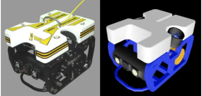 圖 6  ROV Seamor 照片(左)與 3D 模型(右)  圖 7  海研三號研究船  圖 8  海研三號研究船 3D 模型  圖 9  安平外海船礁區地形  當大，所以需要解析度數公尺以下的地形資料才較適合 ROV 導航。然而台灣周遭海域要取得數公尺以下的地形資料並不容易，而且資料量也會相當龐大。所以本介面開發了地形資料讀取系統，只要隨時取得新地形資料，並將地形資料建構成目前普及的VRML 格式，便可經由此系統讀取地形資料，並直接顯示於3D 圖形介面上。如此一來，本介面程式便不會因3D 地形資料龐大