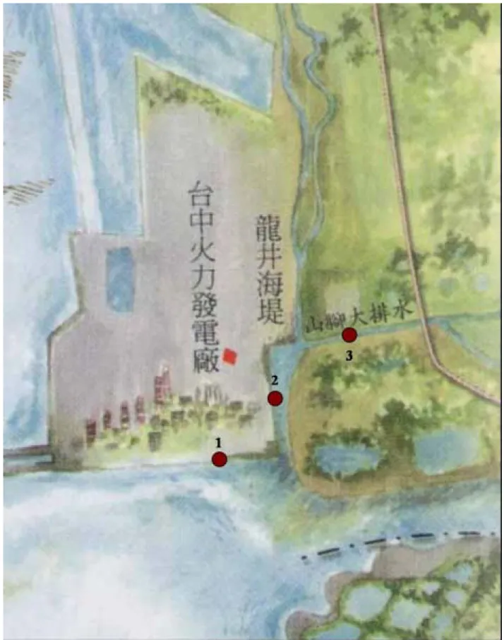 圖 3.2  台中港大肚溪口北岸濕地採樣分佈點 