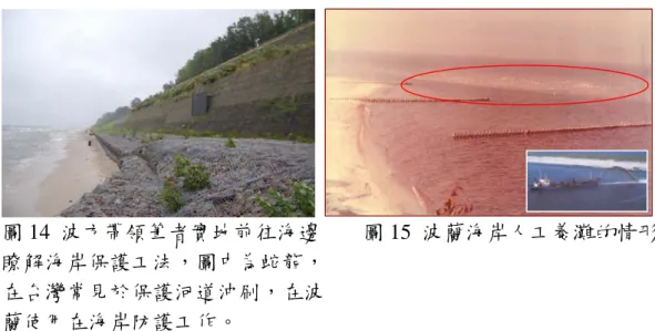 圖 14  波方帶領筆者實地前往海邊        圖 15  波蘭海岸人工養灘的情形  瞭解海岸保護工法，圖中為蛇龍，       