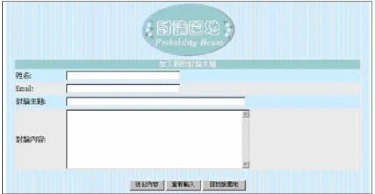 圖 7.1 討論園地網頁的頁面    任何可連上本網站的使用者，若有何問題想反應或有疑問想尋找答案者， 均可透過「發起新的討論主題」按鈕，進入發起新的主題網頁(如圖 7.2)，將 其想要討論的問題連同姓名、Email、討論主題以及討論內容填好，按「送出內 容」後可立即發表在網站上。每一個發表的主題均包含「討論主題」、「作者」、 「回應/點閱」以及「回應日期」等資料，參考圖 7.3。    圖 7.2 討論園地-加入新的討論主題頁面    圖 7.3 討論園地中討論主題所有列表   