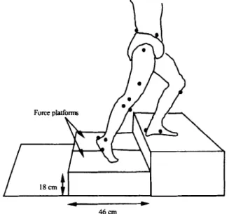 Fig. 1. Schematic diagram showing a subject  ascending a three-step stair with the tested foot  stepped on the second step fitted with two force  platforms