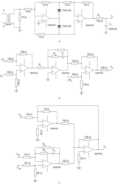 Fig. 7 Implement circuits a Precision rectiﬁer circuit b Current controller c Voltage controller