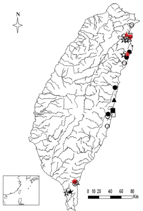 Fig. 1. Distributions of four rare species of the east coast group of Macrobrachium in Taiwan: M.