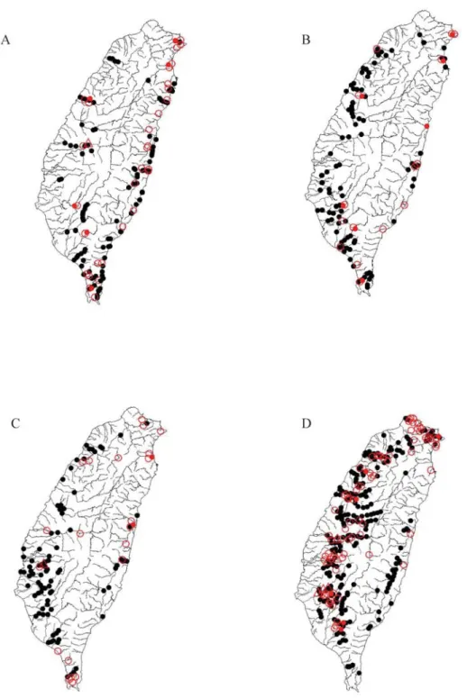 Fig. 4. Distributions of four species of the island-wide group of Macrobrachium in Taiwan: A