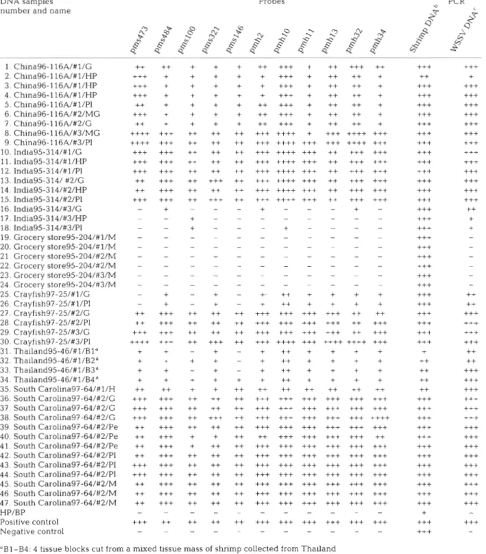 Table 2. Analysis of  WSSV geographical strains by dot blot hybridization with  11 WSSV probes derived from Taiwan strain