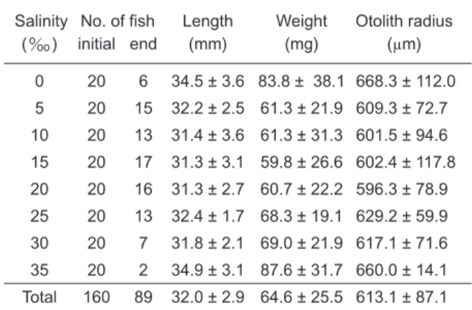 Fig. 1. The relationships between fish length and weight (a) and between fish length and final otolith radius (b) of juvenile grey mullet reared in salinities of 0 ( ), 5 ( ), 10 ( ), 15 ( ), 20 ( ), 25 ( ), 30 ( ), and 35 ( ).